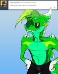  2017 anthro bedroom_eyes black_sclera blue_background cetacean clothed clothing cyan_skin dolphin dragon english_text facing_viewer fin fish foreshortening front_view gradient_background green_eyes green_skin half-closed_eyes hands_on_hip high-angle_view hybrid idoodle2draw jeans looking_at_viewer male mammal marine markings muscular muscular_male nipples pants scalie seductive shark simple_background slightly_muscular solo standing text topless tumblr vasciel_aplisto white_skin yellow_skin 