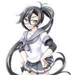  :d amagiri_(kantai_collection) black_hair cowboy_shot glasses grey_eyes grin hands_on_hips kantai_collection long_hair looking_at_viewer open_mouth pleated_skirt ponytail school_uniform simple_background skirt smile solo tk8d32 v-shaped_eyebrows very_long_hair white_background 
