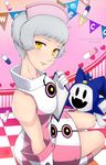  alina_pegova alternate_costume bare_shoulders boots checkered checkered_floor clipboard commentary elizabeth_(persona) gloves grey_hair hat heart jack_frost looking_at_viewer nurse_cap persona persona_3 persona_q:_shadow_of_the_labyrinth persona_q_(series) pill short_hair sitting smile wariza watermark white_hair yellow_eyes 