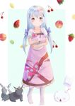  alternate_hairstyle anko_(gochiusa) apron bad_id bad_pixiv_id blue_bow blue_eyes blue_hair blush bow bowl cherry closed_mouth collarbone eyebrows_visible_through_hair food fruit gochuumon_wa_usagi_desu_ka? hair_bow hair_ornament holding holding_bowl kafuu_chino lemon long_hair looking_at_viewer miki_yuu mixing_bowl no_shoes pink_bow smile solo strawberry twintails whisk wild_geese x_hair_ornament 