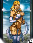  aphrodite_(smite) artist_name bare_shoulders blonde_hair blue_eyes breasts cleavage cowboy_shot ganassa highres large_breasts long_hair midriff navel pelvic_curtain smite sun thighhighs water 