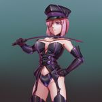  boots corset dark_persona dominatrix elbow_gloves fate/grand_order fate_(series) gloves gradient gradient_background hair_over_one_eye hand_on_hip hat highres leebigtree mash_kyrielight peaked_cap pink_eyes pink_hair riding_crop simple_background thigh_boots thighhighs 