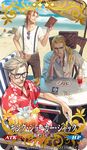  4boys beach beard blue_eyes blurry card charles_babbage_(fate/grand_order) chin_rest craft_essence depth_of_field facial_hair fate/apocrypha fate/grand_order fate_(series) frankenstein's_monster_(fate) glasses hawaiian_shirt james_moriarty_(fate/grand_order) long_hair male_focus multiple_boys official_art red_shirt shirt sitting sunglasses suspenders table vlad_iii_(fate/apocrypha) william_shakespeare_(fate) yuu_kikuchi 