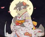  2017 anthro blush canine clothed clothing crossdressing dog japanese_clothing katana kemono kimono kinoko3331_(artist) male mammal melee_weapon moritaka scar slightly_chubby sword tokyo_afterschool_summoners weapon 