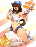  agawa_ryou animal_ears blush borrowed_character breasts brown_hair cake candle clothed_masturbation commentary covered_nipples dildo dog_ears dog_girl dog_tail drooling food full_body furry hair_over_eyes huge_dildo huge_nipples large_breasts long_hair masturbation navel nipples no_bra no_panties object_insertion one_breast_out open_mouth original puffy_nipples pussy pussy_juice sam_(colo) sex_toy short_shorts shorts solo straddling tail tank_top thick_thighs thighs uncensored vaginal vaginal_object_insertion yellow_skin 