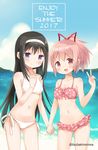  2girls akemi_homura arm_up beach bikini black_hair blush breasts cleavage cloud day frilled_bikini frills hairband hand_on_own_chest highres holding_hands jewelry kaname_madoka long_hair mahou_shoujo_madoka_magica multiple_girls navel ocean open_mouth outdoors pink_bikini pink_eyes pink_hair polka_dot polka_dot_bikini ponytail purple_eyes ribbon ring side-tie_bikini sky small_breasts smile swimsuit tsubaki_(tatajd) v white_bikini white_swimsuit 