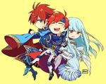  2boys armor bare_shoulders blue_eyes blue_hair cape chibi closed_eyes dress eliwood_(fire_emblem) father_and_son fire_emblem fire_emblem:_fuuin_no_tsurugi fire_emblem:_rekka_no_ken fire_emblem_heroes hair_ornament long_hair looking_at_viewer mamkute mother_and_son multiple_boys ninian open_mouth red_eyes red_hair roirence roy_(fire_emblem) short_hair silver_hair smile 