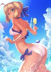  ahoge arched_back artoria_pendragon_(all) artoria_pendragon_(swimsuit_archer) ass bad_proportions bangs bare_arms bare_shoulders bikini blonde_hair blue_ribbon blue_sky braid breasts closed_mouth cloud cloudy_sky day eyebrows_visible_through_hair eyelashes fate/grand_order fate/stay_night fate_(series) fingernails french_braid from_side green_eyes hair_between_eyes hair_bun hair_ribbon leg_up long_fingernails looking_at_viewer looking_to_the_side ocean outdoors ribbon ryuinu short_hair shoulder_blades side-tie_bikini sidelocks sky small_breasts smile solo sparkle splashing standing standing_on_one_leg swimsuit trigger_discipline water water_drop water_gun white_bikini 