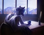  anthro avian beak bird breasts day detailed_background feathered_wings feathers featureless_breasts female holding_object inside lukiri nude sitting solo window wings 