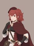  ;) anna_(fire_emblem) bangs belt belt_pouch cloak curly_hair finger_to_mouth fingerless_gloves fire_emblem fire_emblem_musou gloves grey_background grin hat highres kkonisa looking_at_viewer one_eye_closed ponytail pouch red_eyes red_hair sidelocks simple_background smile solo underbust 