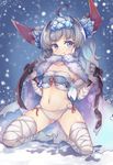  :t absurdres ahoge bandaged_leg bandages bible_bullet blue_eyes blush closed_mouth collarbone eyebrows_visible_through_hair grey_hair highres horns kneeling looking_at_viewer navel scarlet_dango short_hair snow snowing solo 