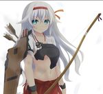  alternate_costume black_heart blue_eyes bow_(weapon) breasts choujigen_game_neptune cosplay hakama_skirt japanese_clothes kantai_collection keenh long_hair looking_at_viewer medium_breasts navel neptune_(series) shoukaku_(kantai_collection) shoukaku_(kantai_collection)_(cosplay) solo symbol-shaped_pupils torn_clothes weapon white_hair 