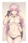  beetarp bespectacled bikini breasts cleavage commentary cowboy_shot glasses gloves headphones highres large_breasts long_hair looking_at_viewer micro_bikini navel nitroplus open_mouth pink_eyes pink_hair smile solo super_sonico swimsuit 