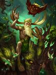  antlers beard bird facial_hair headband leaf long_hair male_focus mustache official_art owl sandals simon_eckert smite solo sylvanus_(smite) tree white_hair 