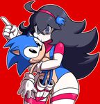  1girl artist_request curvy female hedgehog hex_maniac_(pokemon) highres jewelry kiss leotard long_hair looking_at_viewer npc_trainer pokemon pokemon_(game) pokemon_xy shiny_skin shoes smile solo sonic sonic_the_hedgehog 