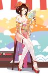  bare_shoulders bible_bullet black_hair breasts bun_cover cleavage collarbone fan highres holding holding_fan huge_breasts jewelry looking_at_viewer necklace short_hair sitting solo stool thighhighs white_legwear yellow_eyes yong_mei-uta 