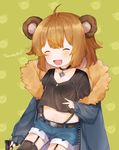  animal_ears bad_id bad_pixiv_id bear_ears bear_girl black_legwear blush brown_hair character_name choker closed_eyes collarbone eyebrows_visible_through_hair fang garter_straps girls_frontline grizzly_mkv_(girls_frontline) gun highres holding holding_gun holding_weapon navel open_mouth smile solo thighhighs useq1067 weapon younger 