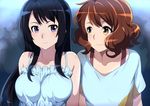  2girls bare_arms bare_shoulders blue_eyes blue_hair blush breasts brown_hair collarbone hibike!_euphonium highres kousaka_reina large_breasts long_hair looking_at_another multiple_girls oumae_kumiko shin&#039;ya_(shin&#039;yanchi) short_hair short_sleeves simple_background sleeveless smile upper_body yellow_eyes 