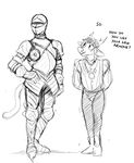  ambiguous_gender anthro antlers armor black_and_white cat cat_knight cervine clothed clothing deer deer_prince dialogue duo english_text feline fully_clothed hand_on_hip helmet hladilnik horn male mammal medieval monochrome text 