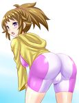  ass bent_over bike_shorts blush breasts brown_hair cameltoe commentary_request cowboy_shot from_behind gundam gundam_build_fighters gundam_build_fighters_try hair_ornament hair_scrunchie hood hoodie hoshino_fumina konno_tohiro large_breasts long_sleeves looking_at_viewer looking_back open_clothes open_hoodie open_mouth ponytail purple_eyes scrunchie solo trefoil 