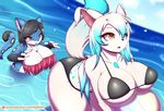  2017 5_fingers anthro ball beach beach_ball big_breasts big_ears bikini black_hair black_nose blue_fur breasts cat clothed clothing cobalt_marie crossgender feline female fur hair horn huge_breasts jewelry lyrian mammal ocelot open_mouth outside pink_eyes presenting prince_vaxis_(copyright) princess_vaxi red_eyes royalty seaside simple_background smile standing summer swimsuit tailzkim tongue water whiskers white_fur 