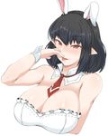  animal_ears bangs bare_shoulders black_hair blush braid breast_hold breasts bunny_ears bunny_girl bunnysuit cleavage crown_braid detached_collar extra_ears eyebrows_visible_through_hair finger_licking finger_to_mouth frills large_breasts licking looking_at_viewer mabinogi mm_(yoromu) necktie pointy_ears red_eyes short_hair simple_background solo strapless upper_body white_background wrist_cuffs 