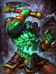  axe blue_eyes brolo faceless faceless_male fangs fur_trim glowing glowing_eyes green_skin helmet highres horns male_focus official_art rock shield shirtless smite solo statue weapon xing_tian_(smite) 