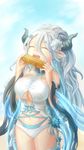 :d bare_shoulders blue_hair breasts chikopudding closed_eyes corn cowboy_shot draph eyebrows_visible_through_hair flower granblue_fantasy hair_between_eyes hair_flower hair_ornament highres holding horns izmir large_breasts layered_swimsuit long_hair mole mole_under_mouth multiple_girls open_mouth pointy_ears smile standing swimsuit very_long_hair 
