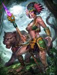  animal_ears awilix_(smite) bare_shoulders barefoot bird black_hair blue_eyes breasts brolo center_opening cleavage cloud cloudy_sky crown day earrings feathers fur_trim hairlocs highres jaguar jaguar_ears jaguar_tail jewelry large_breasts leaf lipstick makeup midriff navel official_art polearm sky smite solo spear tail tattoo teeth tree weapon 