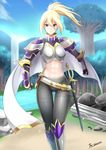  &gt;:( armor armored_boots bangs belt blonde_hair blue_eyes blue_sky blurry blurry_background boots breastplate breasts cloak cloud cloudy_sky column day elf eyebrows eyebrows_visible_through_hair eyelashes forest frown gauntlets grass greaves hair_between_eyes highres knee_boots knife knight long_hair looking_at_viewer medium_breasts midriff muscle muscular_female nature original outdoors panties_under_leggings pantyhose parted_lips pillar plant pointy_ears ponytail ruins sand signature sky solo standing stomach stone sunlight sword teeth the-sinner the_sun torso tree v-shaped_eyebrows water weapon white_cloak 