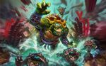  fur_trim furry green_skin highres kappa kuzenbo_(smite) male_focus official_art red_eyes scales sharp_teeth simon_eckert smite solo teeth turtle_shell water 