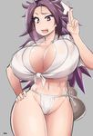  bouncing_breasts breasts covered_nipples cowboy_shot curvy drooling front-tie_top fundoshi ground hand_on_hip hips huge_breasts japanese_clothes jun'you_(kantai_collection) kantai_collection long_hair mm_(yoromu) navel open_mouth purple_eyes purple_hair shikigami solo spiked_hair thick_thighs thighs 