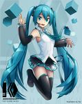  absurdres aqua_eyes aqua_hair artist_name character_name cube detached_sleeves full_body hatsune_miku headset highres long_hair looking_at_viewer necktie open_mouth see-through skirt solo thighhighs twintails very_long_hair vladislav_ton vocaloid waving 