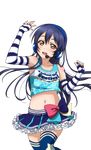  artist_request bangs bare_shoulders blue_hair blue_skirt blush bow breasts brown_eyes character_name cheerleader collarbone copyright_name elbow_gloves fingerless_gloves frills gloves headset long_hair looking_at_viewer love_live! love_live!_school_idol_festival love_live!_school_idol_festival_after_school_activity love_live!_school_idol_project midriff navel official_art open_mouth skirt small_breasts smile solo sonoda_umi star striped takaramonozu thighhighs transparent_background 