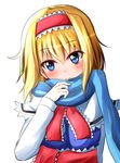 alice_margatroid bangs blonde_hair blue_dress blue_eyes blue_scarf blush breasts capelet closed_mouth commentary_request dress eyebrows_visible_through_hair hairband head_tilt highres lolita_hairband long_sleeves looking_at_viewer medium_breasts oshiaki sash scarf short_hair smile solo touhou upper_body 