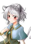  alternate_hairstyle animal_ears blush braid capelet commentary_request crown_braid gold_trim highres jewelry long_sleeves looking_at_viewer mouse_ears mouse_girl mouse_tail nazrin oshiaki pendant red_eyes silver_hair simple_background smile solo tail touhou upper_body white_background 