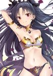  absurdres arm_up armpits bangs black_bow black_hair black_panties blurry blush bow breasts cleavage closed_mouth collarbone commentary_request cowboy_shot depth_of_field detached_collar earrings eyebrows_visible_through_hair fate/grand_order fate_(series) hair_bow highres hoop_earrings ishtar_(fate/grand_order) jewelry long_hair looking_at_viewer medium_breasts navel panties parted_bangs petals red_eyes smile solo tsurime two_side_up underwear yoshida_iyo 
