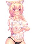  animal_ears black_panties blonde_hair blush breast_rest breasts cat_ears closed_mouth collarbone covered_nipples eyebrows_visible_through_hair fast-runner-2024 groin hair_between_eyes highres large_breasts looking_at_viewer nipples original panties red_eyes see-through shirt simple_background slit_pupils solo underwear wet wet_clothes wet_hair white_background white_shirt 