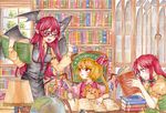  armband bespectacled black_skirt blonde_hair book book_stack bookshelf braid chair day demon_wings fingernails flandre_scarlet fountain_pen glasses globe hair_ribbon hat hat_removed head_wings headwear_removed hong_meiling index_finger_raised indoors inkwell koakuma lamp long_hair long_sleeves looking_at_another multiple_girls no_hat no_headwear oota_(ikumi1110) open_book open_mouth orange_shirt pen pointy_ears puffy_short_sleeves puffy_sleeves reading red-framed_eyewear red_eyes red_hair red_vest ribbon shirt short_hair short_sleeves side_ponytail sitting skirt standing stuffed_animal stuffed_toy sweat table teddy_bear touhou traditional_media tress_ribbon twin_braids very_long_hair vest waistcoat watercolor_(medium) window wings 