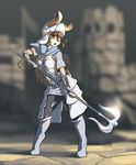  anthro armor blurred_background breasts clothed clothing dark_souls female fruitbloodmilkshake green_eyes hair hi_res holding_object holding_weapon lagomorph mammal rabbit solo standing video_games weapon 