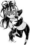  animal_ears ankle_grab bangs breasts bridle brown_thoroughbred_(kemono_friends) elbow_gloves fingerless_gloves foreshortening from_above fukushima_masayasu gloves greyscale hair_ornament halftone hand_to_own_mouth highres horse_ears horse_girl horse_tail japan_racing_association kemono_friends leg_up leg_warmers logo long_hair looking_at_viewer medium_breasts midriff monochrome navel o-ring simple_background smile solo sports_bra swept_bangs tail v white_background 