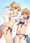  absurdres armpit_peek arms_behind_back artoria_pendragon_(all) ass ass_visible_through_thighs bandeau bangs bare_arms bare_shoulders beads bikini blonde_hair blue_bow blue_ribbon blush bow bow_bikini braid breasts collarbone cowboy_shot detexted eyebrows_visible_through_hair fate/apocrypha fate/stay_night fate_(series) french_braid from_below gradient gradient_background green_eyes grin groin hair_beads hair_ornament hair_ribbon hand_under_clothes hand_under_swimsuit highres innertube long_hair looking_at_viewer looking_down medium_breasts mordred_(fate) mordred_(fate)_(all) multiple_girls navel neck_ribbon ponytail red_bow revision ribbon saber scan side-tie_bikini smile swimsuit third-party_edit water_drop white_bikini yuran 