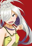  asashimo_(kantai_collection) bare_shoulders black_eyes blush camisole clenched_hand collarbone commentary_request flat_chest green_shirt hair_over_one_eye high_ponytail ichinose_rokujou kantai_collection long_hair looking_at_viewer multicolored_hair open_mouth purple_hair red_background sharp_teeth shirt shirt_grab silver_hair simple_background sleeveless sleeveless_shirt solo tears teeth two-tone_hair upper_body very_long_hair 