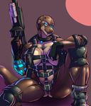  2017 android anthro big_breasts blue_eyes boots breasts butt clothed clothing collar digital_media_(artwork) elbow_pads female fingerless_gloves footwear gloves gun harness hi_res holding_object holding_weapon knee_pads looking_at_viewer machine muscular muscular_female pinup pose ranged_weapon reptile rifle robot scalie simple_background sitting sketch skimpy solo spread_legs spreading tattoo trenco vicioustyrant viktura_(beyxer) weapon 