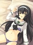  bangs bed black_hair black_neckwear blouse blue_bra blue_panties bra brown_eyes condom cum_on_stomach eitarou_(kaminari_neko) from_above girls_und_panzer hairband highres holding holding_condom long_hair long_sleeves looking_at_viewer lying neckerchief no_pants on_back ooarai_school_uniform open_mouth panties pillow reizei_mako school_uniform serafuku shirt_lift solo underwear used_condom white_blouse white_hairband 