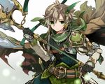  :/ axe bad_id bad_pixiv_id bangs belt blush brown_cape cape cyawa feathers gloves green_eyes hair_between_eyes hair_feathers holding holding_axe light_brown_hair long_sleeves looking_at_viewer male_focus pauldrons solo sweatdrop upper_body weapon 