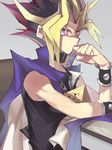  black_shirt bracelet ege_(597100016) grey_background highres jewelry long_hair male_focus multicolored_hair purple_eyes shirt signature simple_background sleeveless sleeveless_shirt solo spiked_hair standing upper_body yami_yuugi yuu-gi-ou 