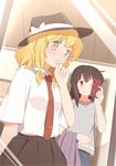  ;) bangs black_hat blonde_hair blush bow brown_eyes brown_hair brown_skirt cellphone closed_mouth collared_shirt commentary_request cosplay eyebrows_visible_through_hair finger_to_mouth grey_shirt hair_bow hand_up hat hat_bow highres holding holding_phone indoors looking_at_viewer maribel_hearn mirror multiple_girls necktie one_eye_closed phone red_neckwear reflection shirt short_hair short_sleeves sidelocks skirt smartphone smile sweat touhou unagi_sango usami_renko usami_renko_(cosplay) white_bow white_shirt yellow_eyes 