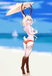  anthro beach blue_eyes blurred_background breasts butt cervine clothed clothing day deer eylashes female fruitbloodmilkshake fur hair hi_res horn mammal markings nipples outside pink_fur pink_hair seaside sky small_breasts socks_(marking) solo topless 