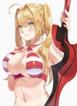 absurdres bikini blonde_hair breasts criss-cross_halter fate/grand_order fate_(series) g-buri green_eyes halterneck highres large_breasts long_hair navel nero_claudius_(fate)_(all) nero_claudius_(swimsuit_caster)_(fate) solo striped striped_bikini swimsuit sword twintails weapon 
